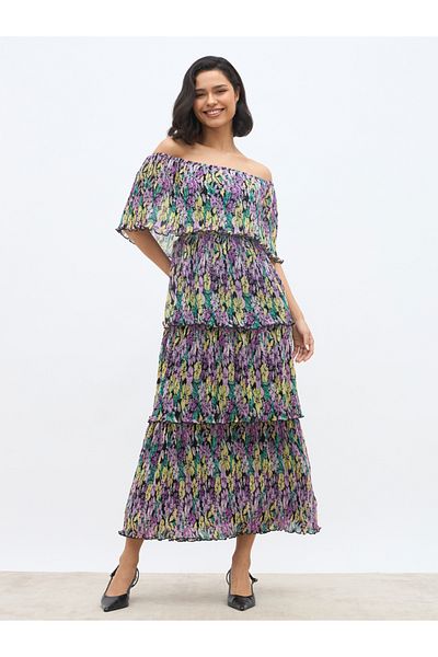 Styli All-Over Floral Print Off-Shoulder Tiered Maxi Dress