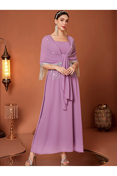 Take Two By Styli Tassel Drop Cape Sleeve with Tie-Up Maxi Dress