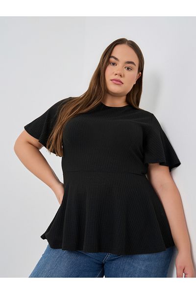 Styli Plus Size Ribbed Round Neck Peplum T-Shirt