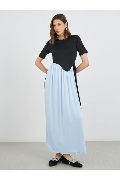 Styli Color Block Short Sleeve Round Neck Maxi Dress