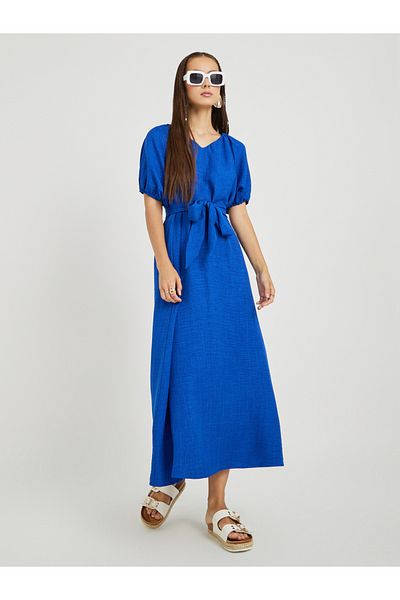 Styli Solid Puff Sleeve V-Neck Midi Dress