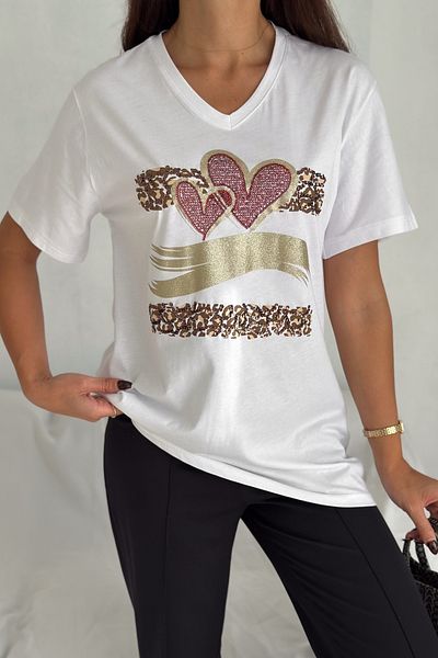 FEMELLE Women's White Plus Size 100% Cotton V-Neck Heart Sequin Embroidered T-Shirt
