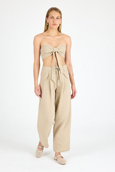 Polo State Women's High Waist Linen Fabric Trousers Beige