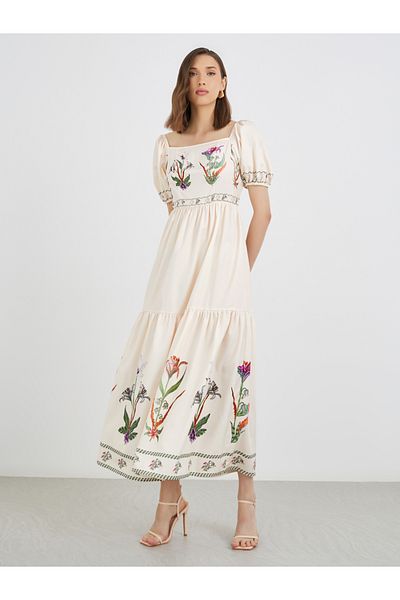 Styli Floral Print Puff Sleeve Square Neck Midi Dress
