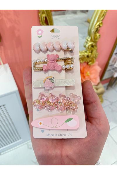 La She Accessories Pink 5-Piece Teddy Bear Detailed Stylish Buckle