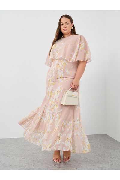 Styli Plus Size Floral Print Cape Sleeve Maxi Dress