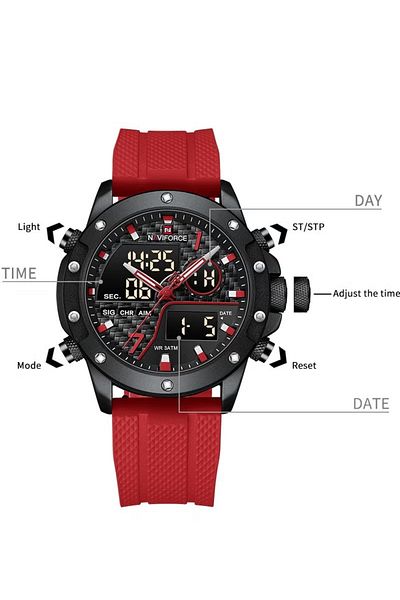 Naviforce Men's Racing-Inspired Analog-Digital Watch Black Dial with Red TPU Strap Sport