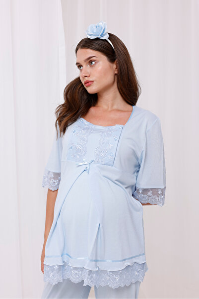 Yulem Homewear Set de pijamale de maternitate din bumbac cu design cu mâneci și guler albastru