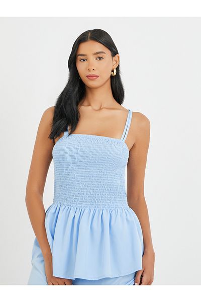 Styli Solid Smocked Strappy Top and Midi Skirt Co-Ords
