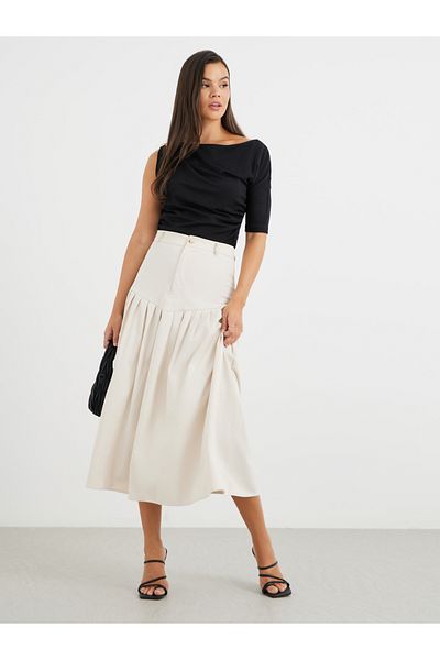 Styli Solid Pleated A-Line Midi Skirt