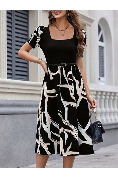Take Two By Styli Printed Puff Sleeve Belted Knee-Length Dress