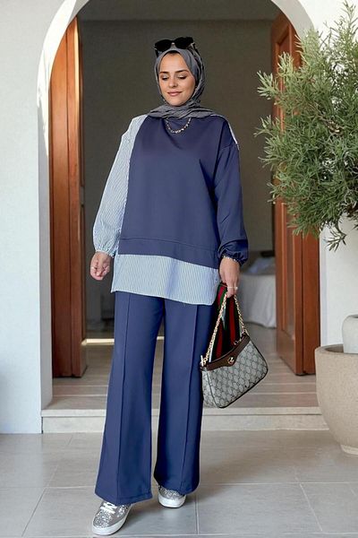 Aselim Hijap Moda Ριγέ πουκάμισο Λεπτομερές Τουνίκ Διπλό Σετ |   Anthracite Grey με τσέπες, φαρδιά πόδια και τουνίκ