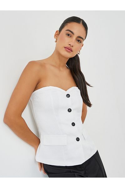Styli Front Button Sweetheart Bandeau Neck Top