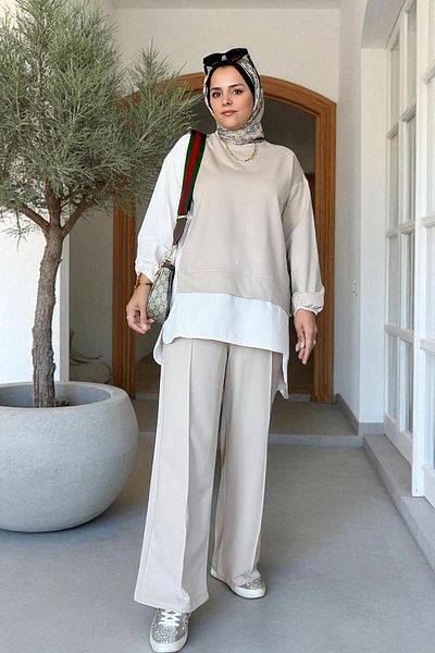 Aselim Hijap Moda Ριγέ πουκάμισο Λεπτομερές Τουνίκ Διπλό Σετ |   Μπεζ με τσέπες, φαρδιά πόδια και τουνίκ