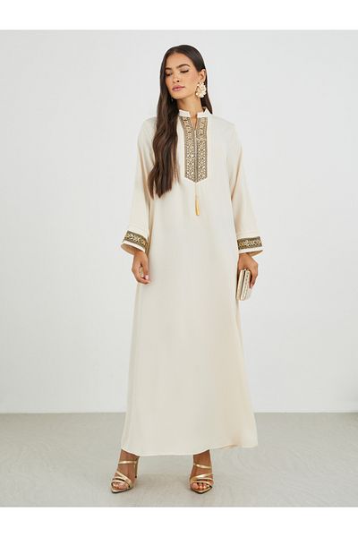 Styli Lace Trim Detail Single Tassel A-Line Jalabiya