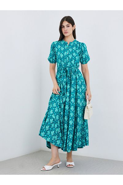 Styli Printed Mandarin Collar Puff Sleeves Maxi Dress