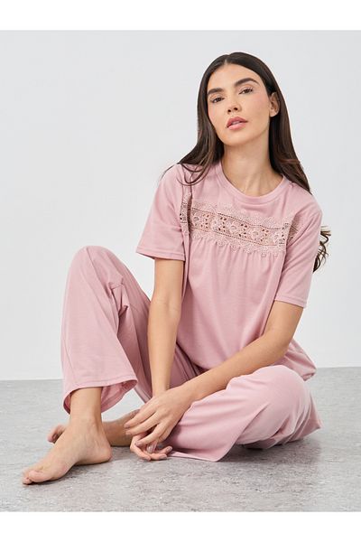 Styli Lace Insert Round Neck T-Shirt and Pyjama Set