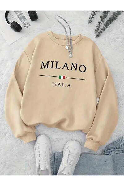 caddekombin Hanorac bej cu gât rotund cu imprimeu Milano Italia