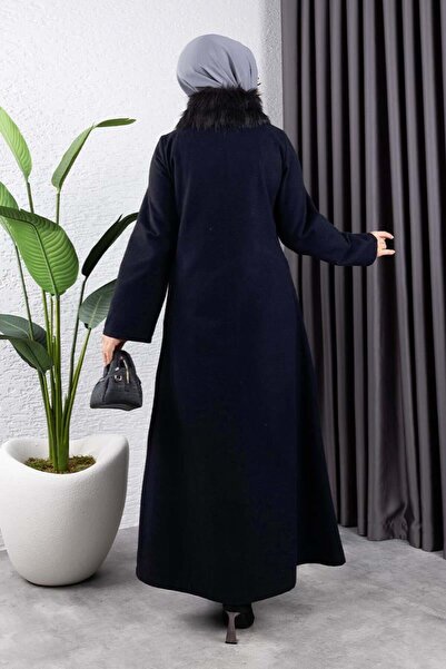 SGS Fur Collar Cashmere Coat Dark Blue