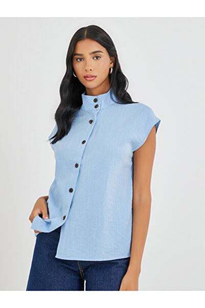 Take Two By Styli Solid Stand Collar Button Front Top