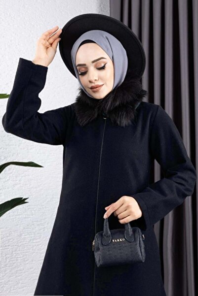 SGS Fur Collar Cashmere Coat Dark Blue