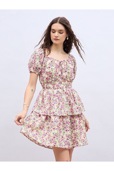 Styli Floral Print Ruff Sleeve Smocked Detail Knee-Length Dress