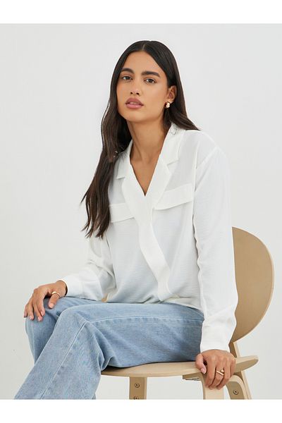Styli Solid Oversized Wrap Look Blouse with Notch Lapel