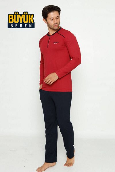 ALİMER Men's 3 Buttons Cotton Lycra Plus Size Long Sleeve Pajama Set with Pockets
