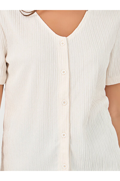 Styli Textured V-Neck Front Button Blouse