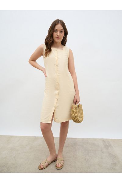 Styli Women Beige Solid Sleeveless Shirt Knee-Length Dress