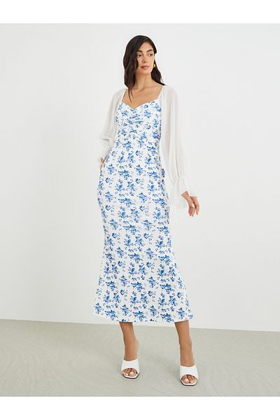 Styli Floral Printed Balloon Sleeves Sweetheart Neck Midi Dress