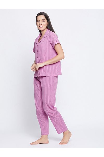 Clovia By Styli Striped Button Down Shirt and Pyjama Set