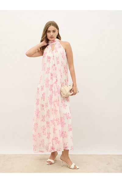 Styli All-Over Floral Print Halter Neck A-Line Maxi Dress