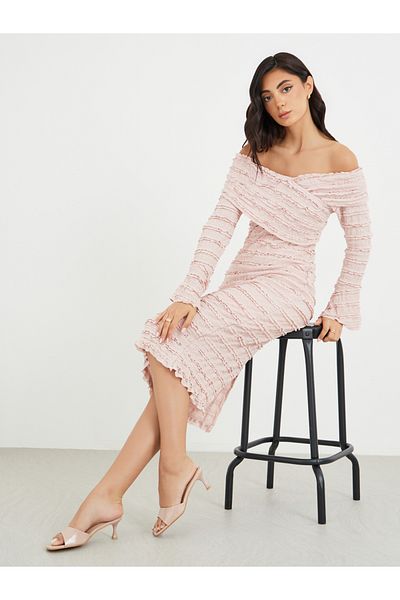 Styli Solid Ruffle Trim Off Shoulder Neck Sheath Midi Dress