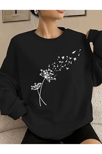 caddekombin Μαύρο φούτερ με λαιμόκοψη με στάμπα πικραλίδας