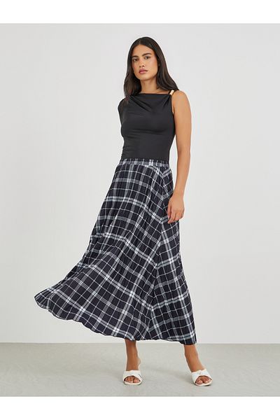 Styli Checked A-Line Midi Skirt