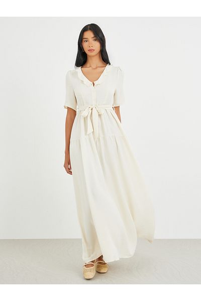 Styli Solid Ruffled V-Neck Waist Tie Maxi Dress