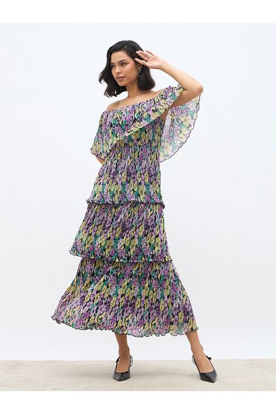 Styli All-Over Floral Print Off-Shoulder Tiered Maxi Dress