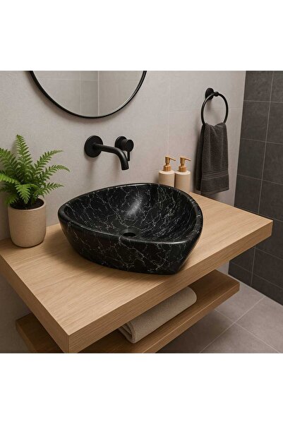 Taş Atölyesi Mermer Desenli Tezgah Üstü Üçgen Taş Lavabo