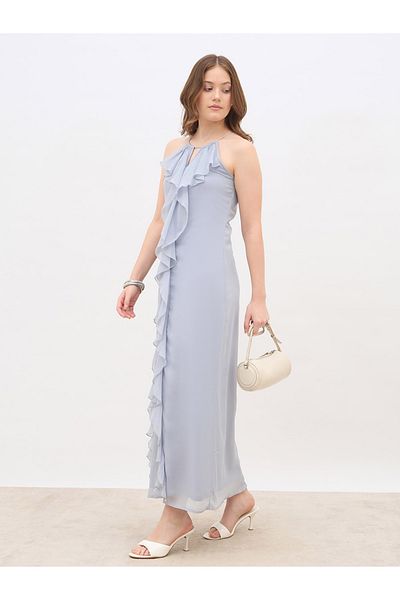Styli Solid Ruffle Detail Sleeveless A-Line Maxi Dress