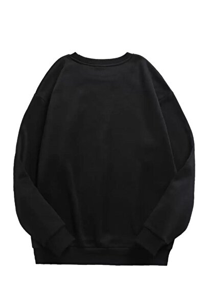 caddekombin Basic Crew Neck Black Sweatshirt with Wool Inside