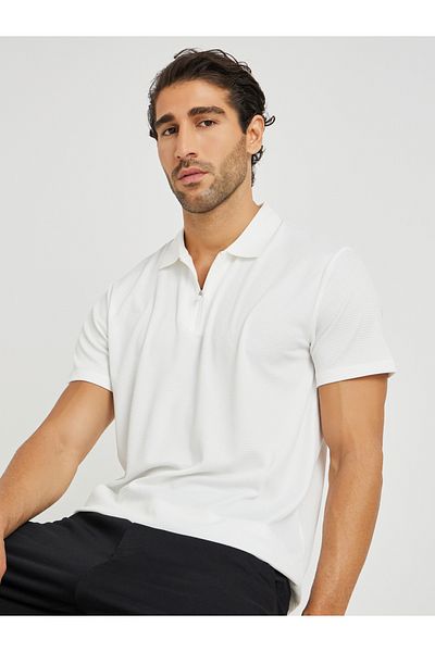 Styli Men White Textured Zip Front Relaxed Fit Polo T-Shirt