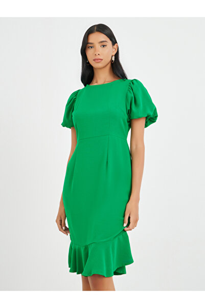 Take Two By Styli Solid Puff Sleeve Ruffle Hem Knee Length Dress