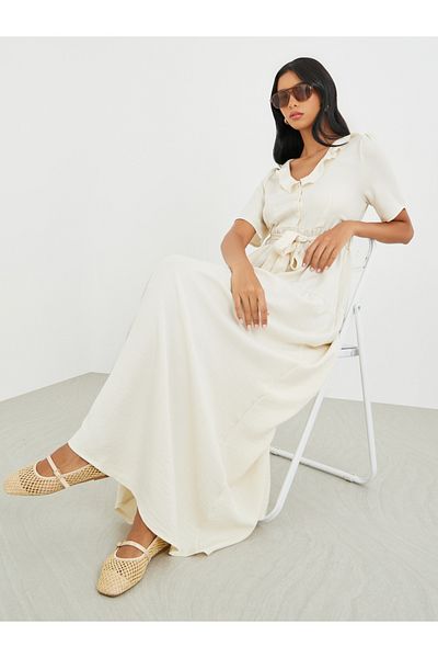 Styli Solid Ruffled V-Neck Waist Tie Maxi Dress