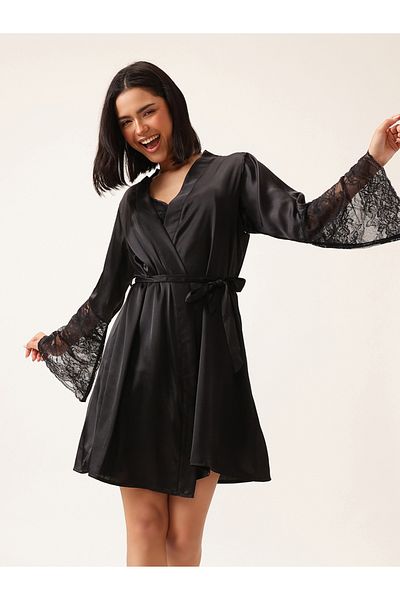 Clovia By Styli Solid Lace Detail Long Sleeve Satin Robe with Waist Tie
