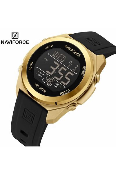 Naviforce Luxury Gold and Black Digital Sports Watch with Silicone Strap Water Resistant and Multifunction