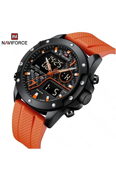 Naviforce Men's Tactical Analog Digital Watch Black Case with Orange TPU Strap Rugged Sports Chronograph
