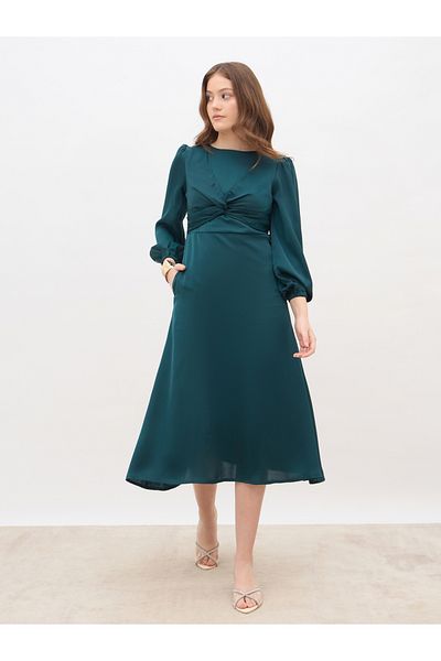 Styli Women Teal Plain Satin Knot Front Balloon Sleeves A-Line Midi Dress
