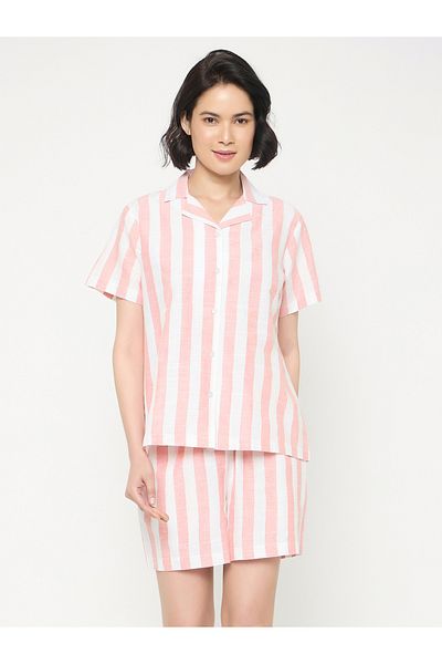 Clovia By Styli Striped Short Sleeve Cotton Shirt and Shorts Set