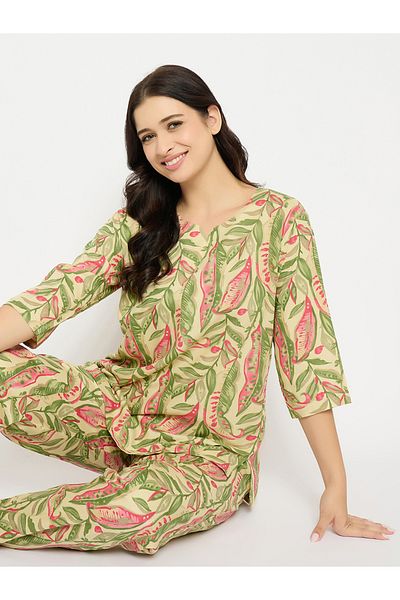 Clovia By Styli Leaf Print Notch Neck Top and Pyjama Set